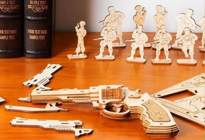 ROBOTIME Drewniane Puzzle 3D Pistolet M60 Corsac - Mechaniczny Model Strzelający Gumkami | Zestaw Modelarski bez Kleju - obrazek 3